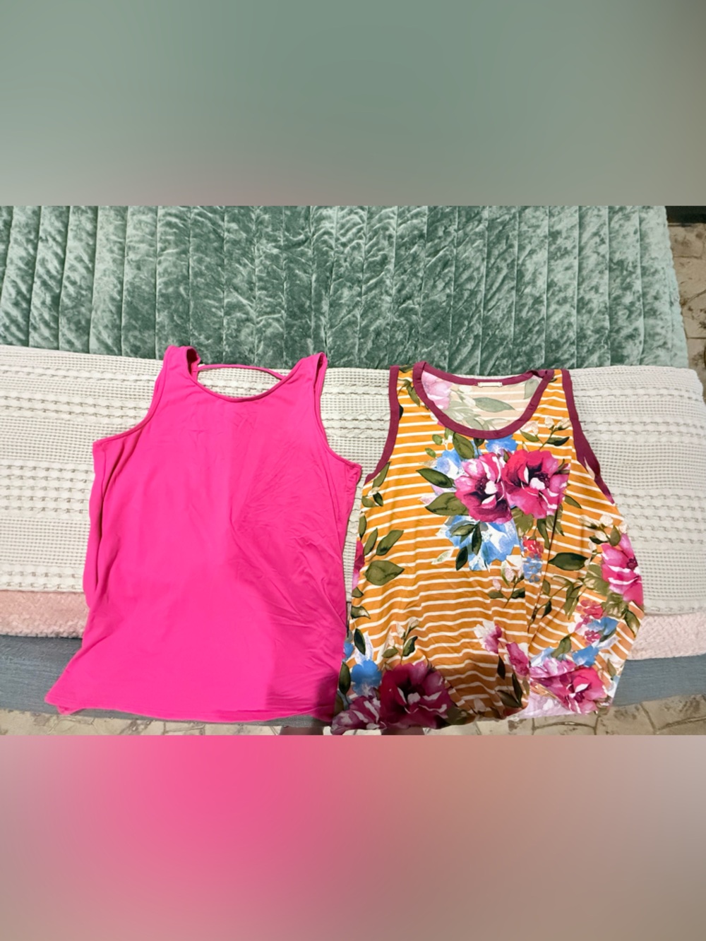 2-Piece Tank Top Bundle | Floral Stripe + Bright Pink Open Back |  No size tags